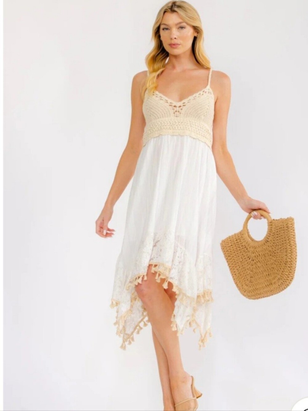 Cream Crochet Bodice White Midi Dress